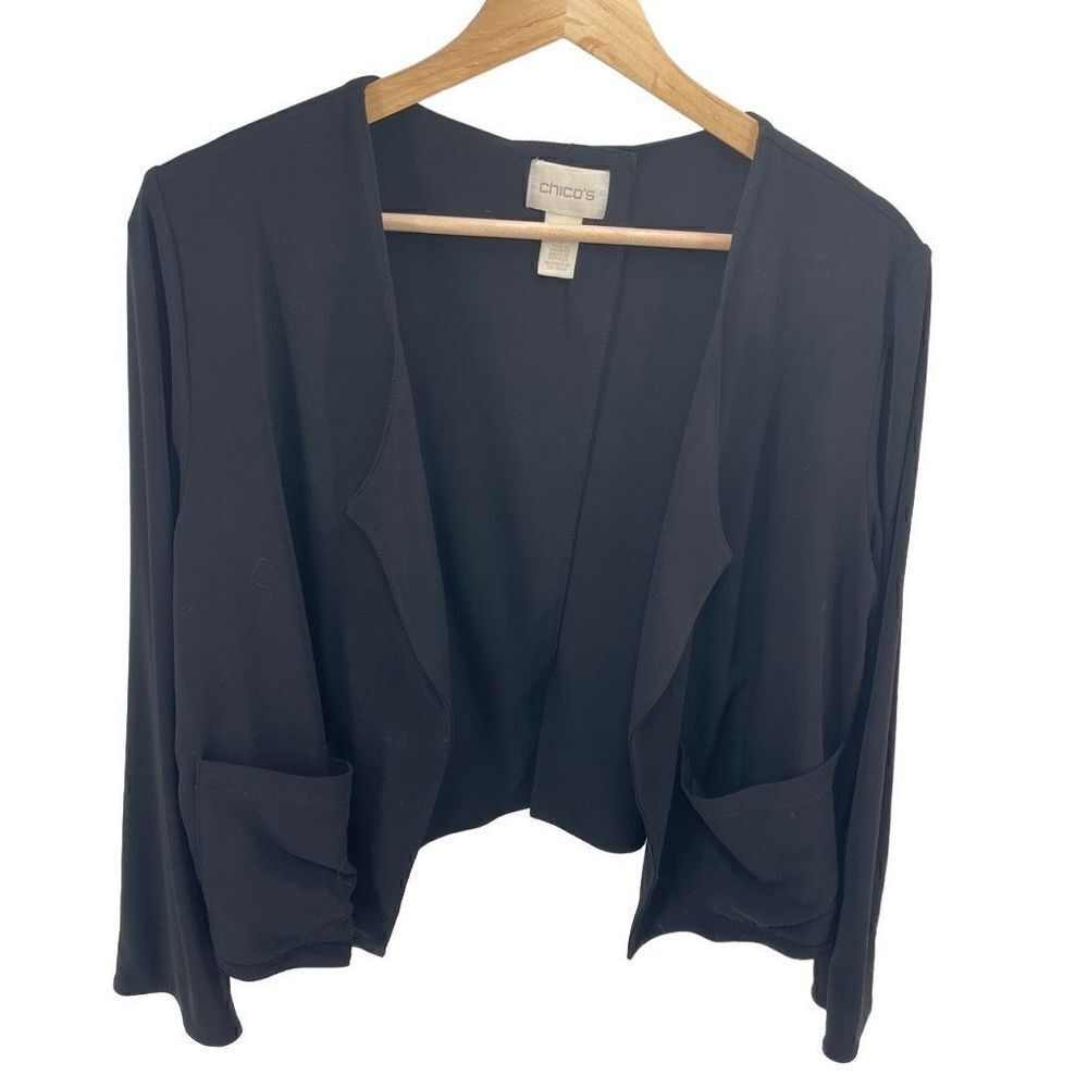 Chico's Womens Cropped Blazer Open Front Stretch Pocket Slit Back Black Size 1